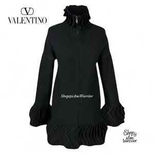 Valentino Vintage Black Boiled Wool Pleated Sculptural Couture Sweater Coat